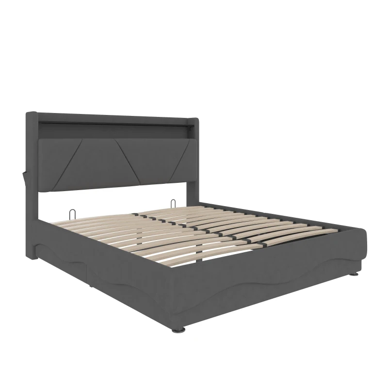 Functional Bed with Additional Under-Bed Storage, Modern Bed Frame with Wavy LED Side Lighting and USB Ports, 143L x 211W x 115.5H cm, Dark Gray