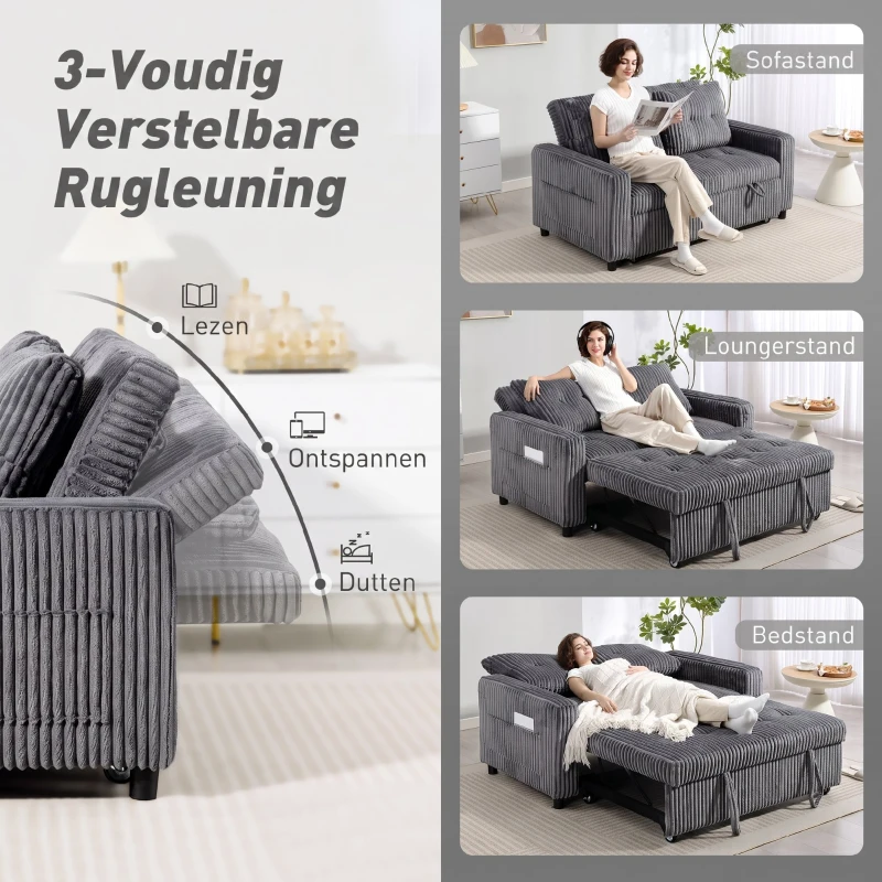 HOMCOM 2-zits slaapbank, ribfluwelen bekleding, om te vormen tot bed, 2 kussens, zijvakken, 157 x 190 cm, donkergrijs