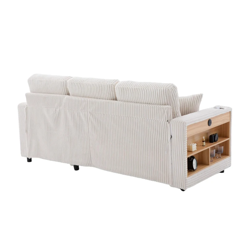 Multifunctional Corduroy Sofa Bed with Hidden Storage and Pull‑Out Bed, LED-Lighted Guest Couch with Wide Armrests, 196L x 82W x 85H cm, Beige