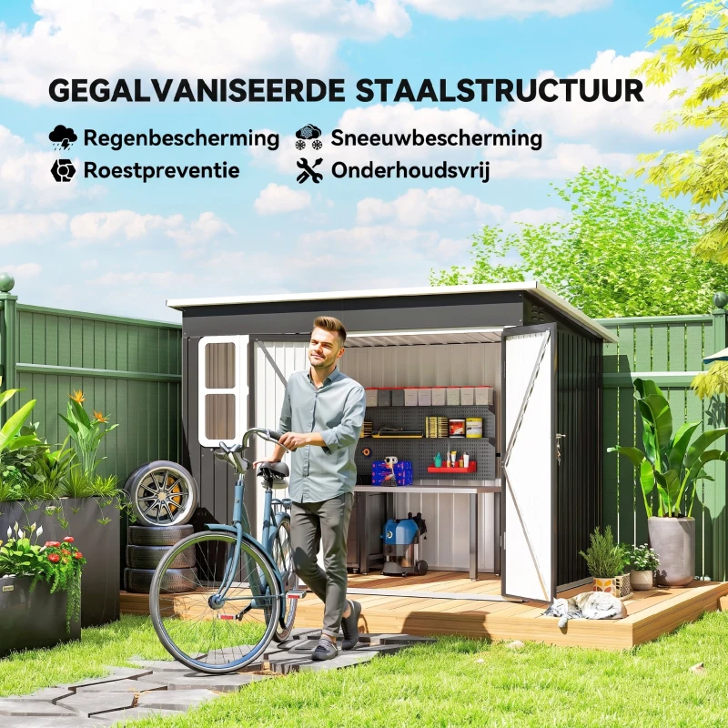 Outsunny Metalen Tuinschuur voor Opslag van Tuingereedschap, met Venster, Brede Deur, 260 x 177 x 190 cm, Donkergrijs(m-4)