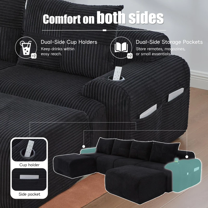4-Seater Modular Cord Sofa with 2 Ottomans and Integrated Cup‑Holders, Corduroy Sectional Sofa for Living Rooms, 333L x 174W x 80H cm, Black