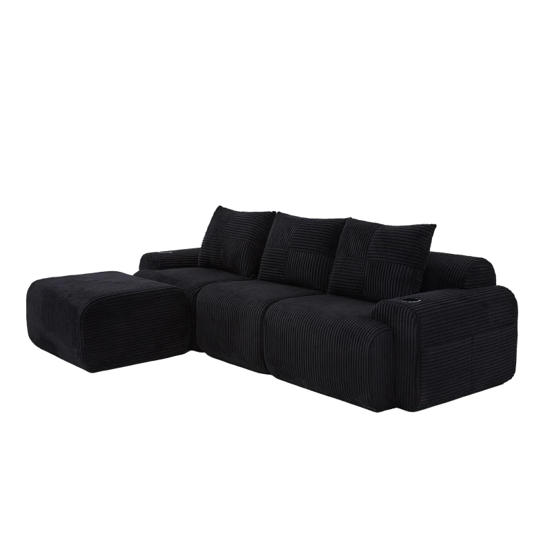 Corduroy Sectional Sofa with Built-in Cup Holders and Side Storage Pockets, 3-Seater Modular Sofa with Ottomans, 268L x 174W x 80H cm, Black