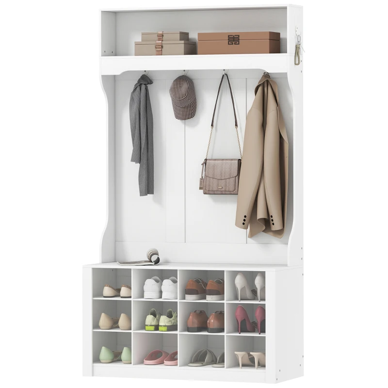 HOMCOM Porte-Manteau 4-en-1 avec Banc, Banc d'Entrée avec 12 Compartiments à Chaussures, 6 Crochets et Étagère Ouverte, Blanc