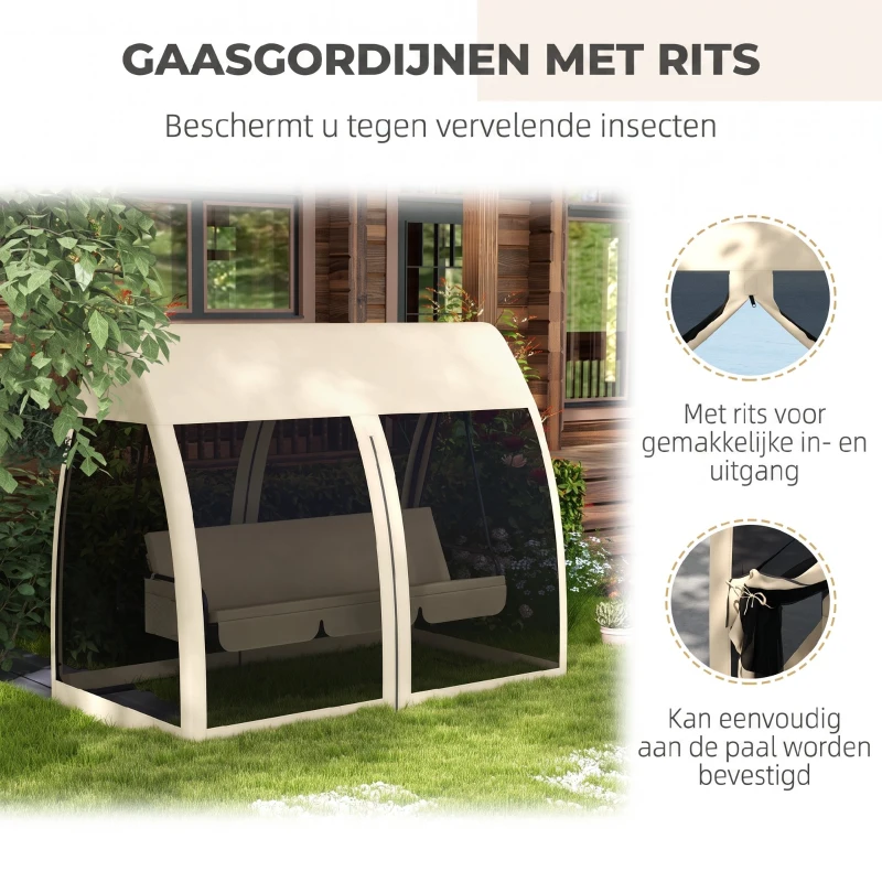 Outsunny 3-persoons terras-schommel, veranda-schommel met bedfunctie, Hollywoodschommel met muskietennet en stalen frame, Koffie