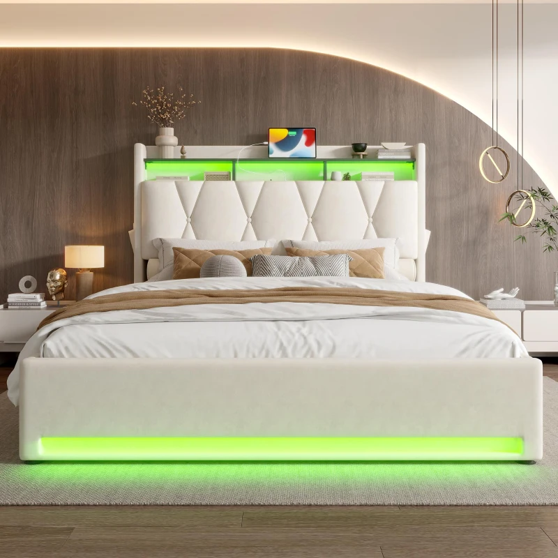 Functional Hydraulic Bed with Headboard Shelf, Stylish Platform Bed for Contemporary Bedrooms and Flats, 158L x 221W x 116.5H cm, Beige