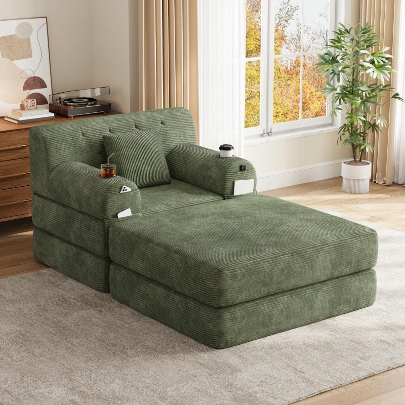 Corduroy Sleeper Chair with Ottoman and Metal Frame, Convertible 1-Seater Sofa Bed with High Backrest, 107L x 162W x 81H cm, Green
