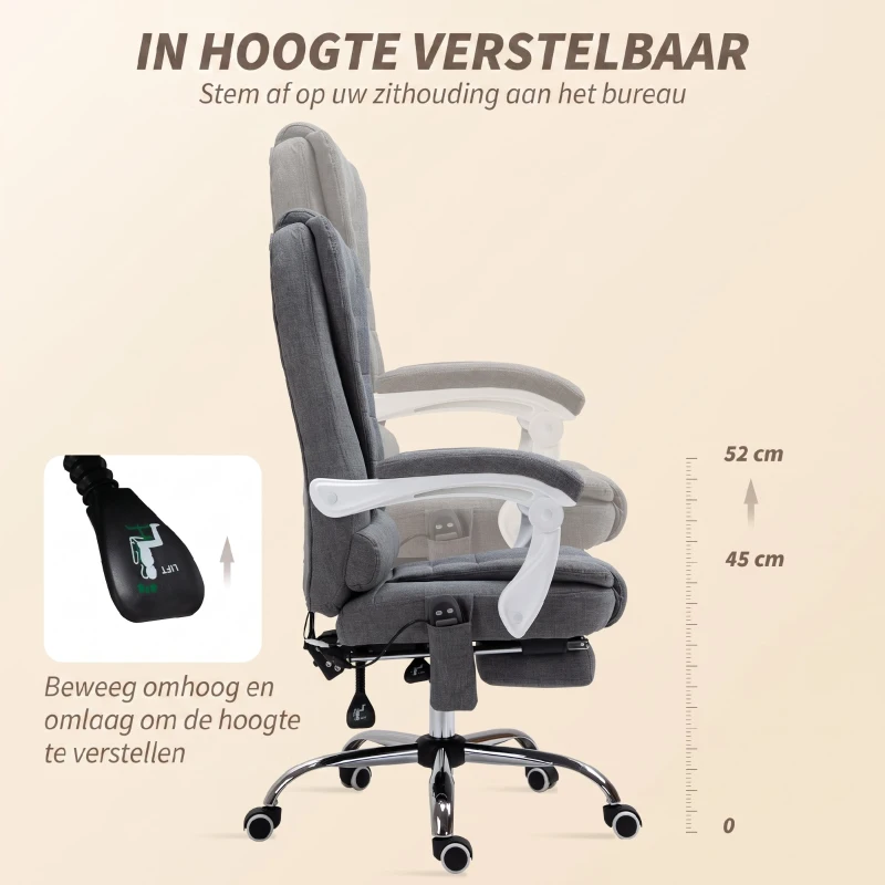 Vinsetto Ergonomische massage bureaustoel met 6 Vibratiepunten, Verstelbare Rugleuning en 360° Draaistoel Grijs(m-6)