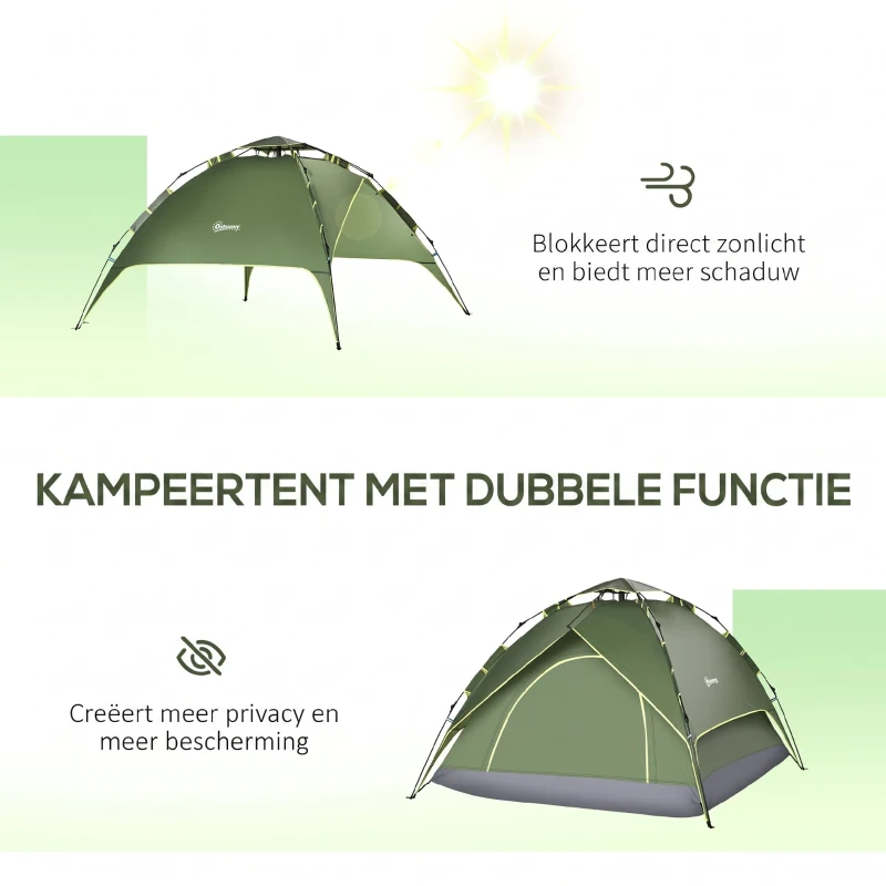 Outsunny Dubbele tent familietent Quick-Up tent 2 volwassenen + 1 kind camping waterdicht