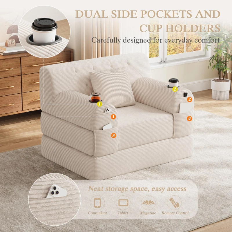 Convertible 1-Seater Sleeper Sofa with Tufted Corduroy Upholstery, Ideal Sofa Bed for Living Rooms and Small Spaces, 107L x 80W x 81H cm, Beige