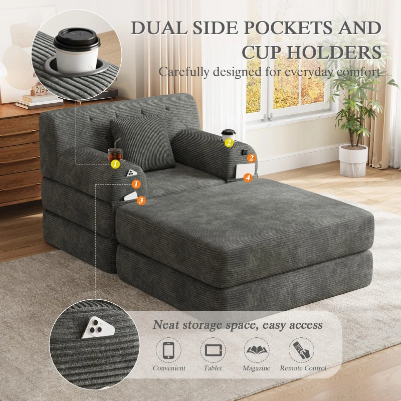 Corduroy Sleeper Chair with Ottoman and Metal Frame, Convertible 1-Seater Sofa Bed with High Backrest, 107L x 162W x 81H cm, Dark Gray