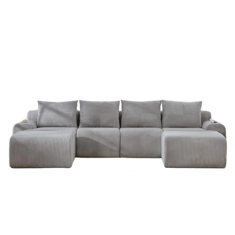 4-Seater Modular Cord Sofa with 2 Ottomans and Integrated Cup‑Holders, Corduroy Sectional Sofa for Living Rooms, 333L x 174W x 80H cm, Light Gray