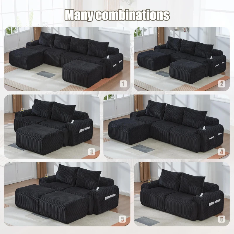 4-Seater Modular Cord Sofa with 2 Ottomans and Integrated Cup‑Holders, Corduroy Sectional Sofa for Living Rooms, 333L x 174W x 80H cm, Black