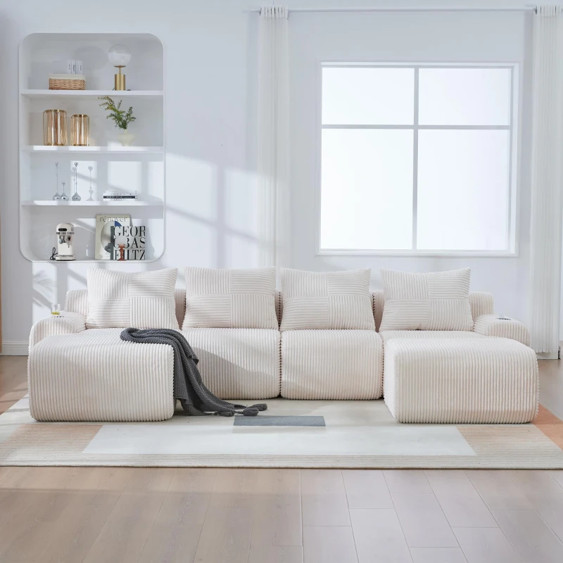 4-Seater Modular Cord Sofa with 2 Ottomans and Integrated Cup‑Holders, Corduroy Sectional Sofa for Living Rooms, 333L x 174W x 80H cm, Beige