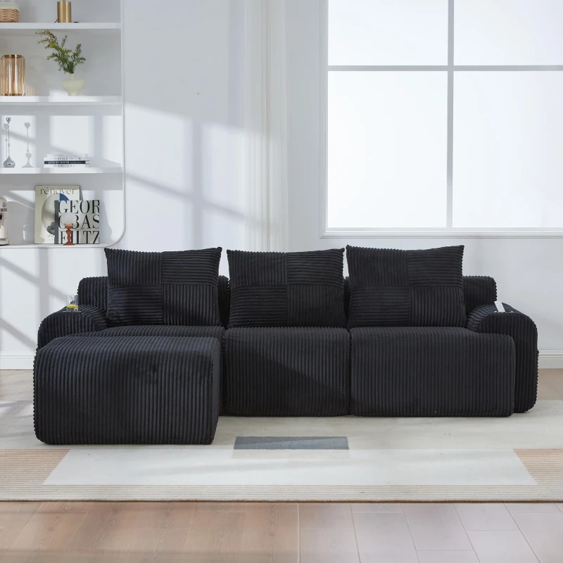 Corduroy Sectional Sofa with Built-in Cup Holders and Side Storage Pockets, 3-Seater Modular Sofa with Ottomans, 268L x 174W x 80H cm, Black