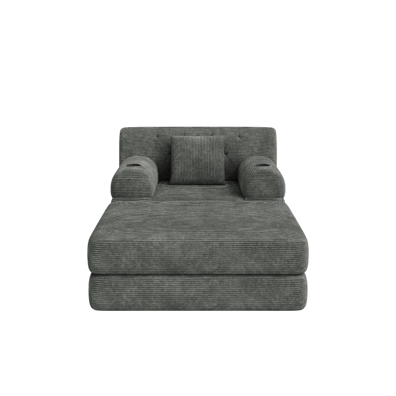 Corduroy Sleeper Chair with Ottoman and Metal Frame, Convertible 1-Seater Sofa Bed with High Backrest, 107L x 162W x 81H cm, Dark Gray