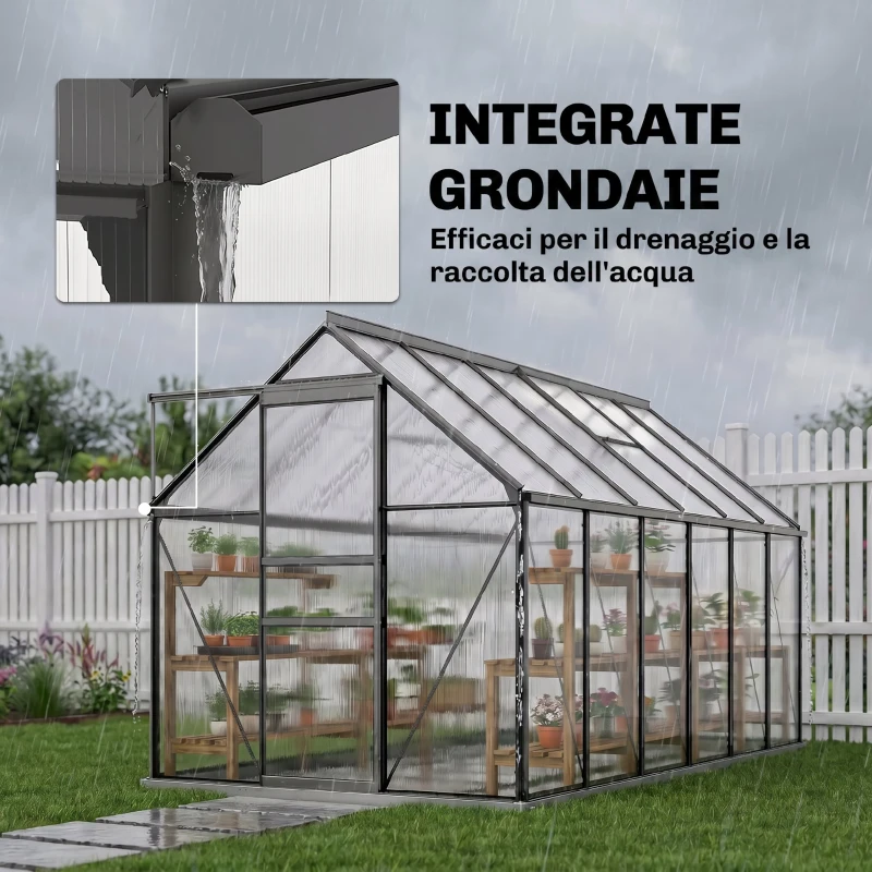 Outsunny Serra da Giardino in Policarbonato con Telaio in Lega di Alluminio 7.1㎡, con Grondaie, Finestre Apribili Regolabili, Porta Scorrevole