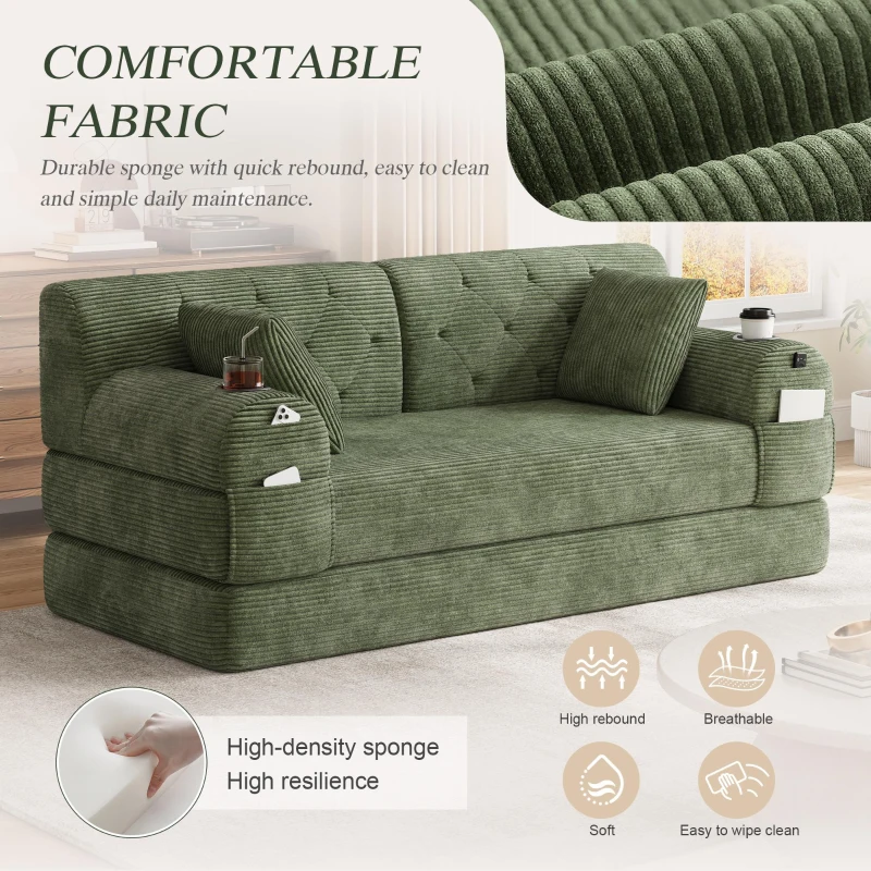 Cozy Sleeper Sofa with High-Density Foam and Soft Corduroy, Convertible Couch for Living Rooms and Small Spaces, 168L x 80W x 81H cm, Green