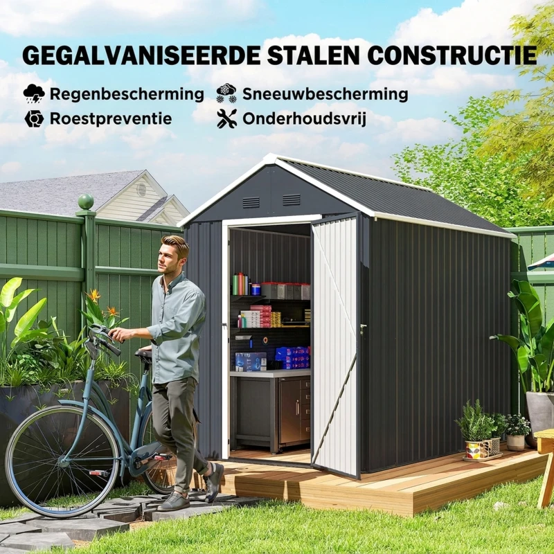 Outsunny Tuinhuis, metalen opbergschuur, dubbele deur, raam, 259x172x222 cm, grijs/wit(m-4)
