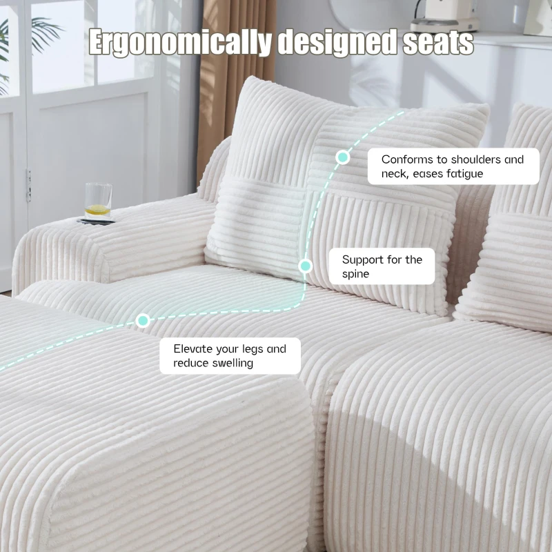 Corduroy Sectional Sofa with Built-in Cup Holders and Side Storage Pockets, 3-Seater Modular Sofa with Ottomans, 268L x 174W x 80H cm, Beige