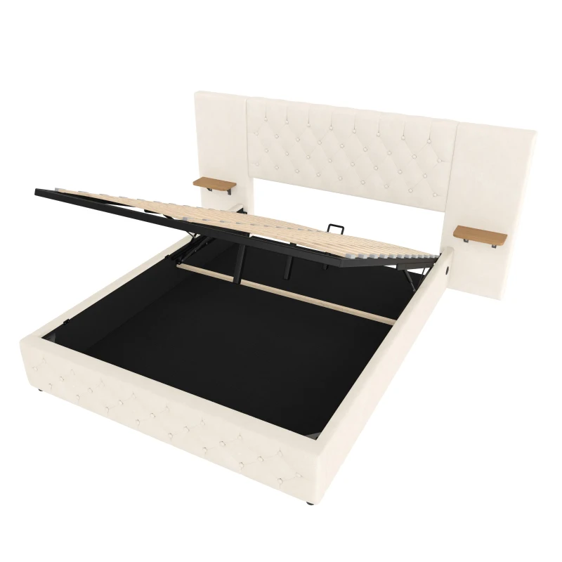 Spacious Platform Bed with Hydraulic Lift System, Modern Bed Frame with Wide Headboard and Tufting Button, 190L x 135W x 103H cm, Beige