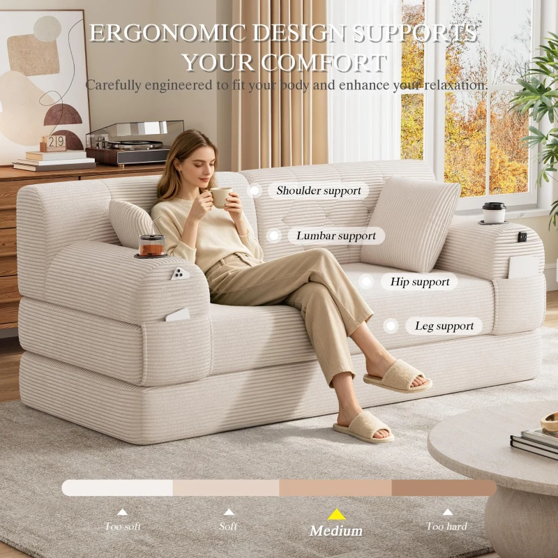 Cozy Sleeper Sofa with High-Density Foam and Soft Corduroy, Convertible Couch for Living Rooms and Small Spaces, 168L x 80W x 81H cm, Beige