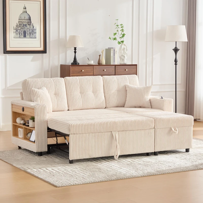Multifunctional Corduroy Sofa Bed with Hidden Storage and Pull‑Out Bed, LED-Lighted Guest Couch with Wide Armrests, 196L x 82W x 85H cm, Beige