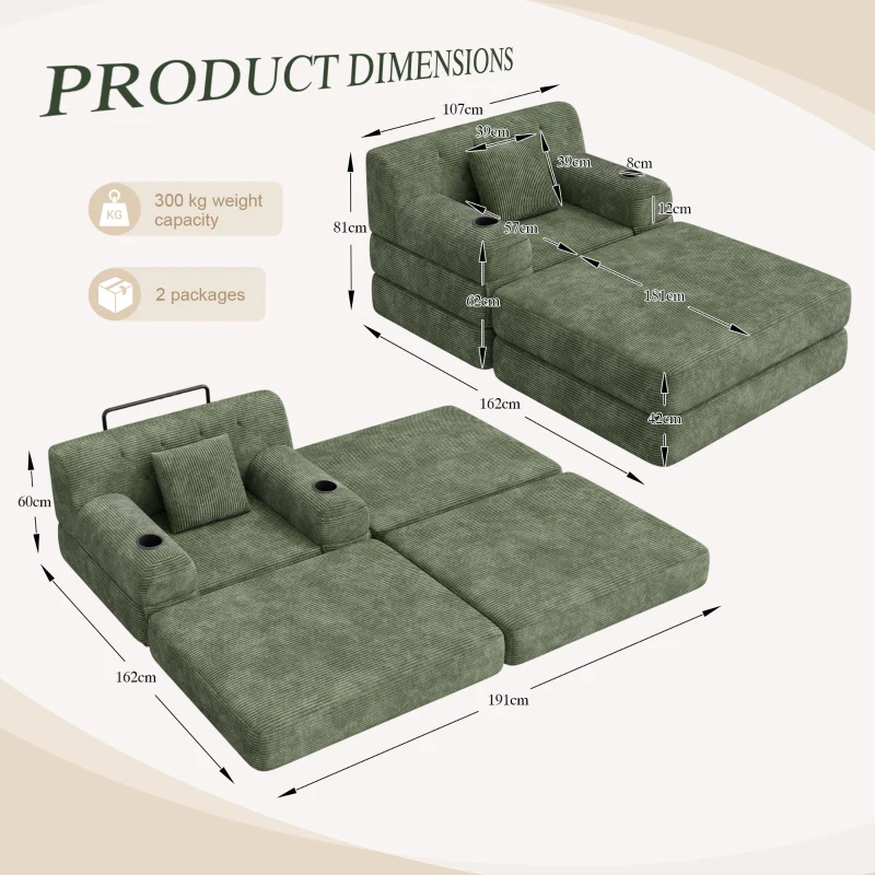 Corduroy Sleeper Chair with Ottoman and Metal Frame, Convertible 1-Seater Sofa Bed with High Backrest, 107L x 162W x 81H cm, Green