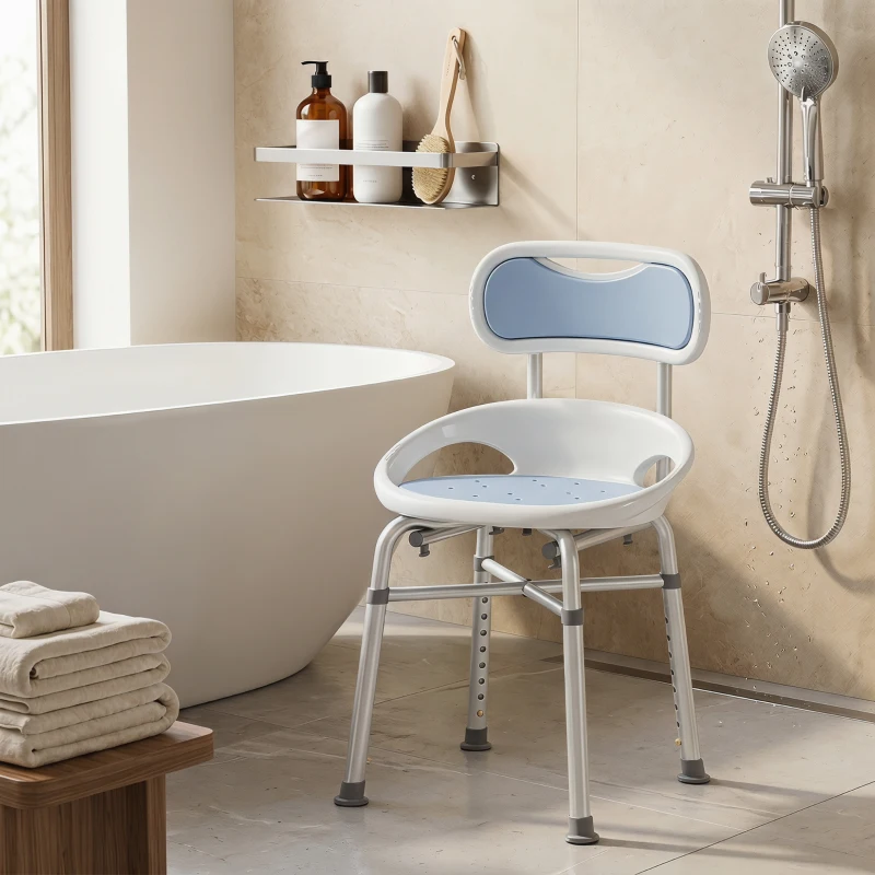 HOMCOM Sedia da Doccia con Schienale e Sedile Forato, 8 Altezza Regolabile, Antiscivolo, Portata 136kg, Azzurro