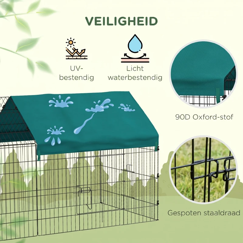 PawHut Kleindierenverblijf met Dak, 4 Deuren, Weerbestendig, Staal/Polyester, 220x85x103cm, Groen/Zwart