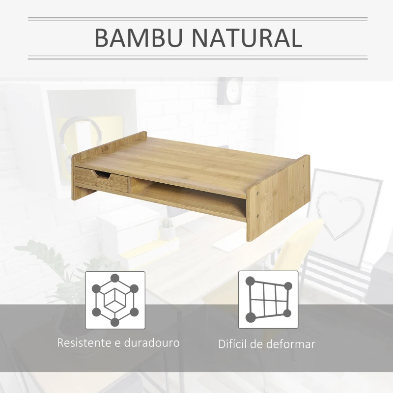 HOMCOM Suporte para Monitor de Bambu Organizador de Escritório para Monitor Portátil 48x25,5x11,5 cm Madeira