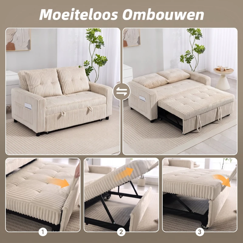 HOMCOM 2-zits slaapbank, cordbekleding, om te vormen tot slaapbed, 2 kussens, zijvakken, 157 x 190 cm, Crèmewit(m-4)