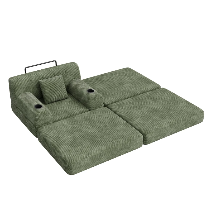 Corduroy Sleeper Chair with Ottoman and Metal Frame, Convertible 1-Seater Sofa Bed with High Backrest, 107L x 162W x 81H cm, Green