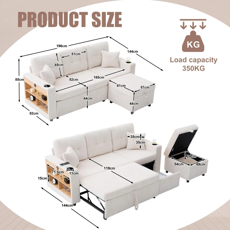 Multifunctional Corduroy Sofa Bed with Hidden Storage and Pull‑Out Bed, LED-Lighted Guest Couch with Wide Armrests, 196L x 82W x 85H cm, Beige