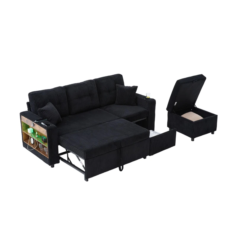 Multifunctional Corduroy Sofa Bed with Hidden Storage, LED-Lighted Guest Couch for Family Film Nights, 196L x 82W x 85H cm, Black