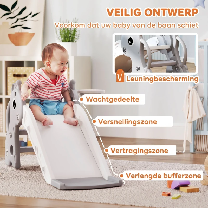 AIYAPLAY 3-in-1 Kinderglijbaan in Giraffenvorm met Basketbalring en Bal, Grijs(m-6)