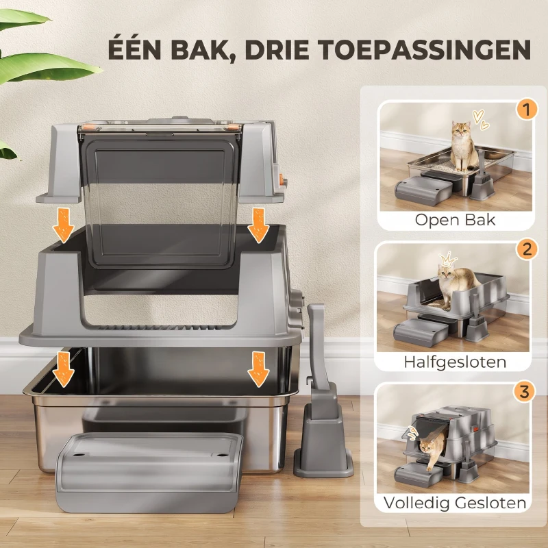 PawHut XXL Kattenbak van Roestvrij Staal 130L met 180° Klapdeksel, Hoge Wanden en Schep, 70 x 50 x 43 cm, Grijs
