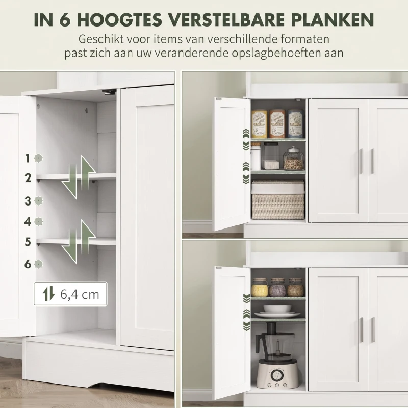 HOMCOM Keukenkast, Scandinavisch Design, 4 Kasten, Verstelbare Planken, Glazen Deuren, Open Vak, Spaanplaat, MDF, Wit(m-5)