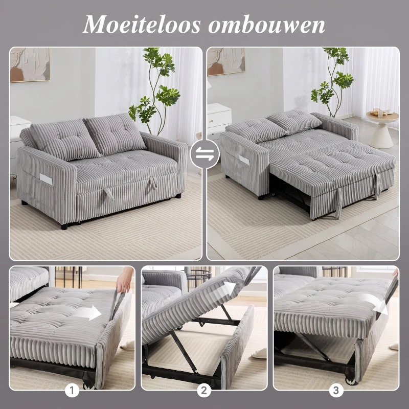 HOMCOM 2-zits slaapbank met cordbekleding, om te bouwen tot bed, 2 kussens, zijvakken, 157 x 190 cm, lichtgrijs