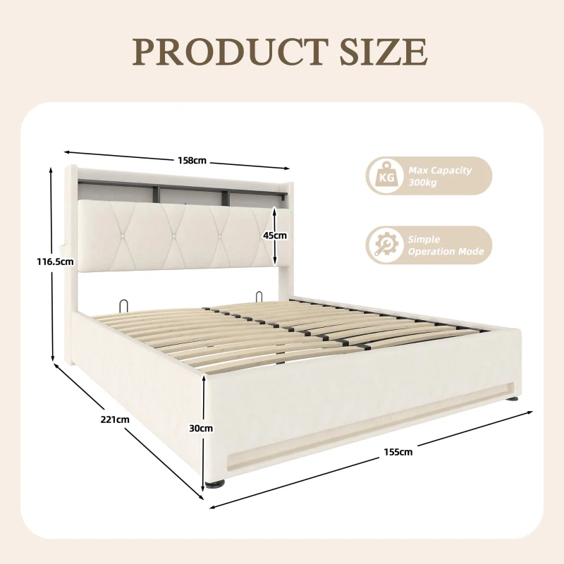 Functional Hydraulic Bed with Headboard Shelf, Stylish Platform Bed for Contemporary Bedrooms and Flats, 158L x 221W x 116.5H cm, Beige