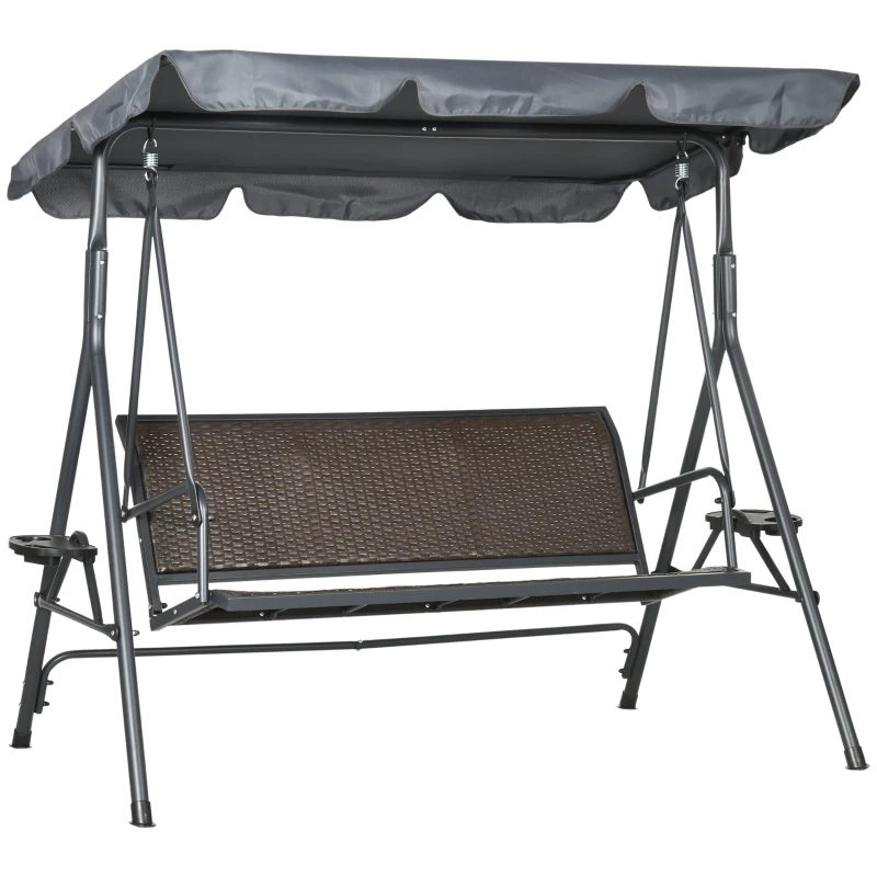 Outsunny 3 Seater Swing Chair - Garden Swing Seat Bench with Adjustable Canopy, Rattan Seat, and Steel Frame for Patio, Yard