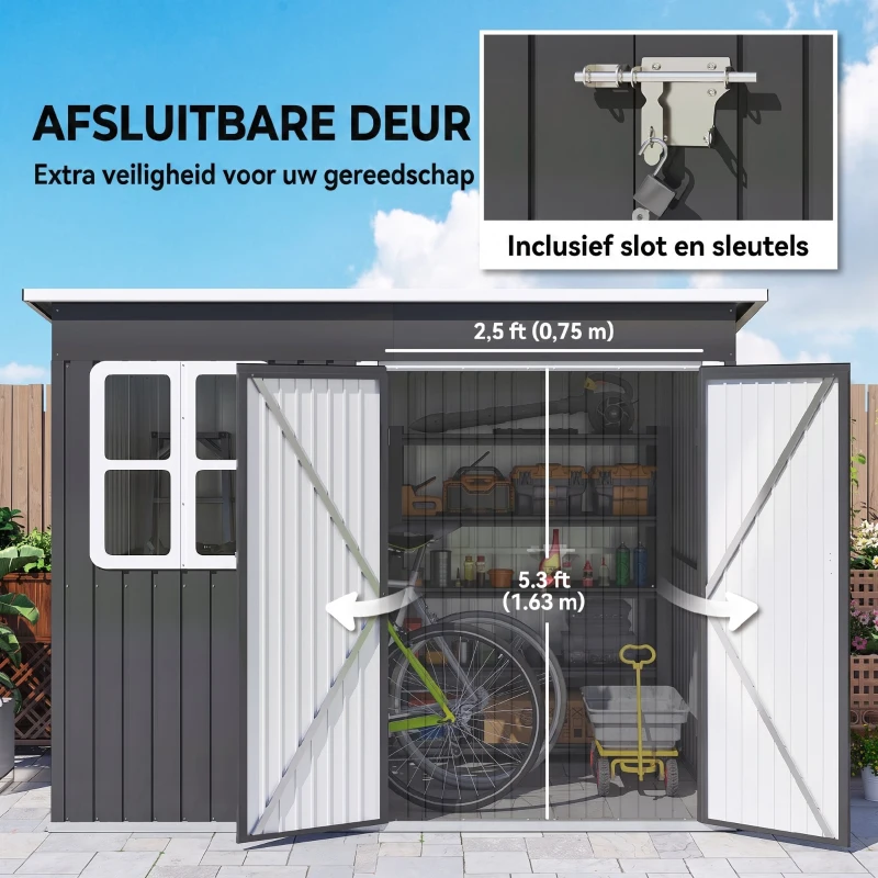Outsunny Metalen Tuinschuur voor Opslag van Tuingereedschap, met Venster, Brede Deur, 260 x 177 x 190 cm, Donkergrijs(m-6)