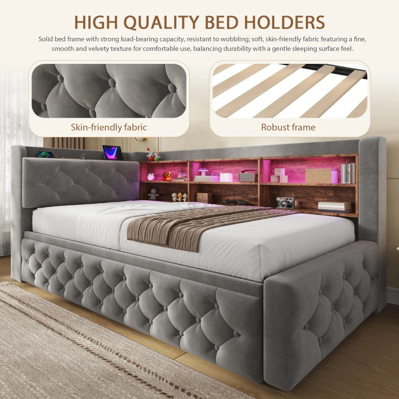 Velvet Pull-Out Sofa Bed Frame with Wooden Headboard Shelf, Convertible Daybed for Living Rooms and Studio Flats, 211L x 91W x 84H cm, Dark Gray