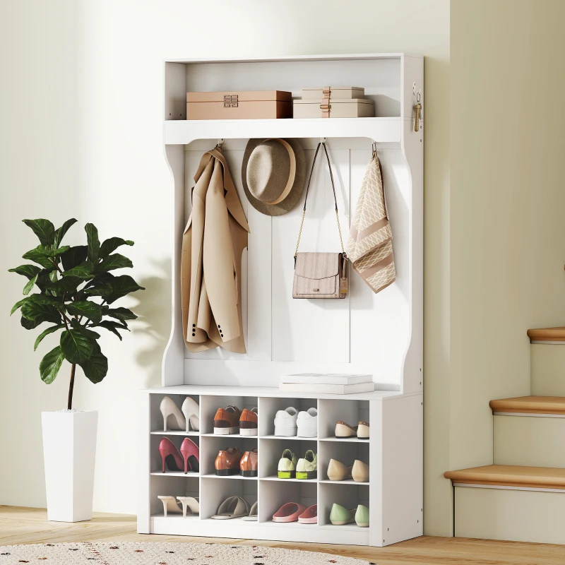 HOMCOM Porte-Manteau 4-en-1 avec Banc, Banc d'Entrée avec 12 Compartiments à Chaussures, 6 Crochets et Étagère Ouverte, Blanc