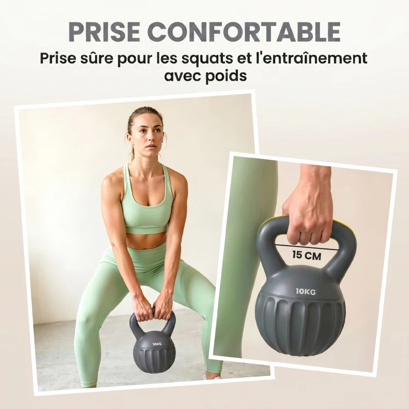 SPORTNOW Kettlebell 10 kg, Haltère avec Poignée Antidérapante, Haltère à Boule, Musculation, Entraînement, pour Gym, Gris
