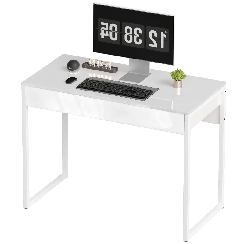 HOMCOM Scrivania Moderna con 2 Cassetti e Gambe in Acciaio, 100x50x75 cm, Bianco Lucido