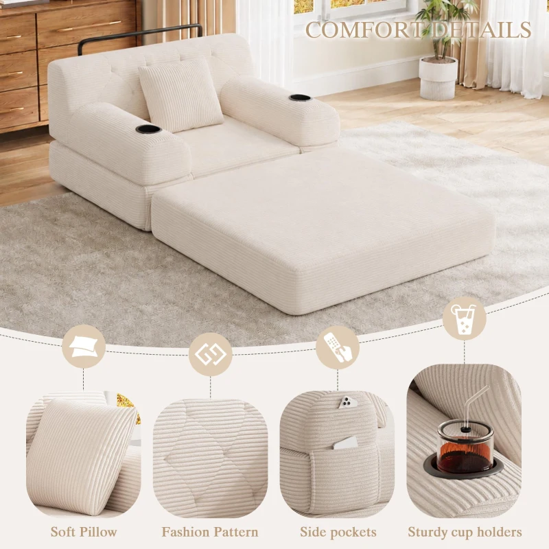 Convertible 1-Seater Sleeper Sofa with Tufted Corduroy Upholstery, Ideal Sofa Bed for Living Rooms and Small Spaces, 107L x 80W x 81H cm, Beige