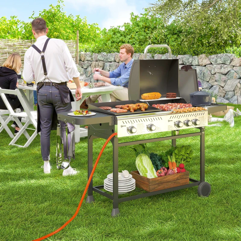 Outsunny Barbecue a Gas con Piastra e Fornello, Coperchio con Termometro e Ripiani, Regolatore e Tubo Inclusi, Nero