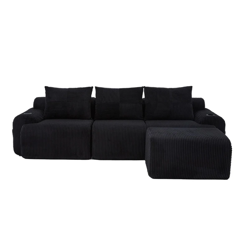Corduroy Sectional Sofa with Built-in Cup Holders and Side Storage Pockets, 3-Seater Modular Sofa with Ottomans, 268L x 174W x 80H cm, Black