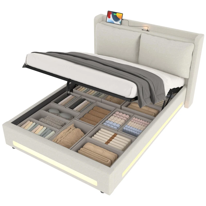 Practical Bed Frame with Built-in Shelf and Night Light, Hydraulic-Lift Platform Bed for Compact Bedrooms, 152.5L x 210W x 114H cm, Beige