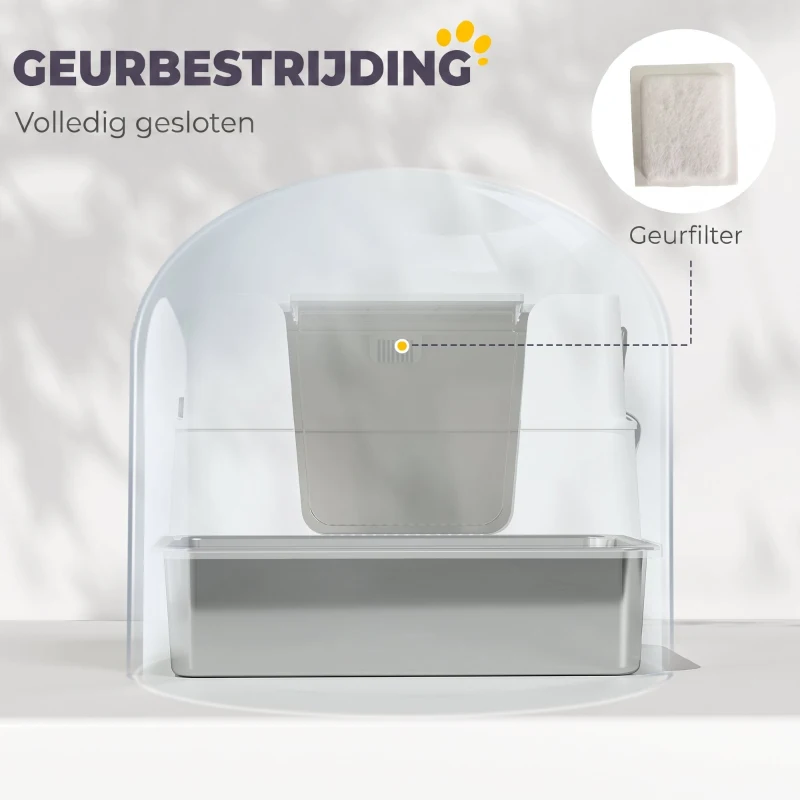 PawHut Kattenbak, RVS, XL-binnenruimte, met schep, Lichtgrijs(m-7)